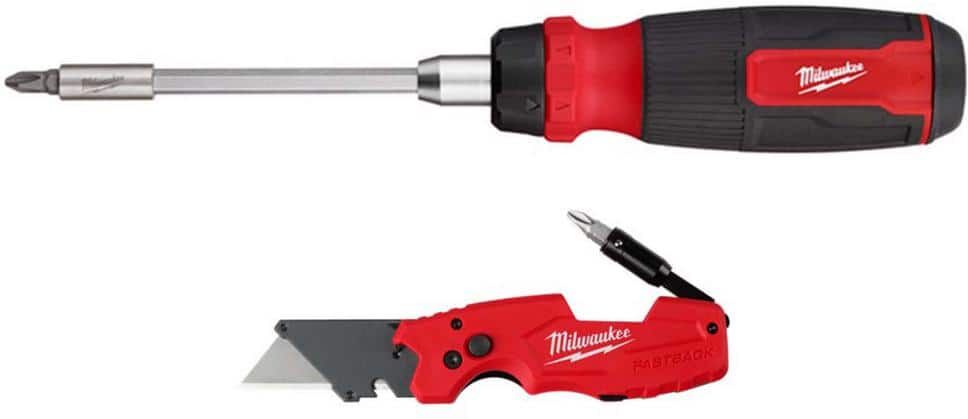 Milwaukee 14-in-1 Ratcheting Multi-Bit Screwdriver with FASTBACK 6-in-1 Folding Knife with General Purpose Blade (2-Piece)