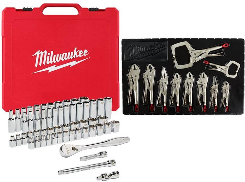 Milwaukee 3/8 in. Drive SAE/Metric Ratchet and Socket Mechanics Tool Set with Torque Lock Locking Pliers Kit (66-Piece)