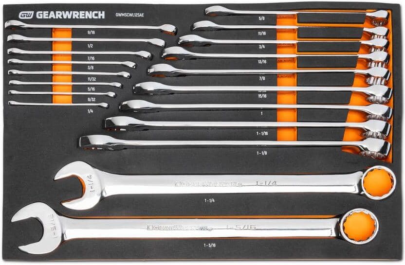 GEARWRENCH 12-Point Long Pattern Combination SAE Wrench Set with EVA Foam Storage Tray (19-Piece)