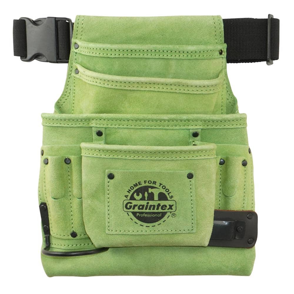 Graintex 10-Pocket Nail and Tool Pouch with Belt Lime Green Suede Leather w/Hammer Holder and Measuring Tape Clip