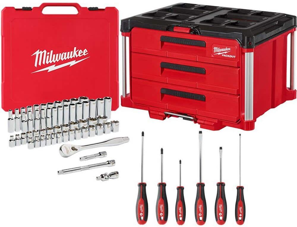 Milwaukee 3/8 in. Drive SAE/Metric Mechanics Tool Set (62-Piece) with PACKOUT 3-Drawer Tool Box