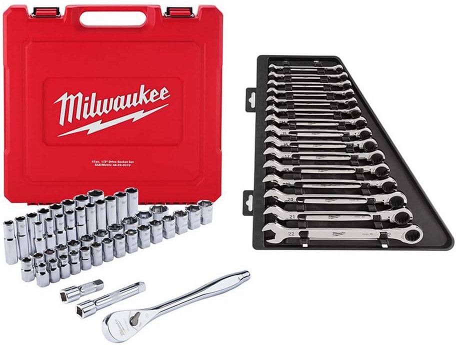 Milwaukee 1/2 in. Drive SAE/Metric Ratchet and Socket Mechanics Tool Set W/ Metric Combination Ratcheting Wrench Set (62-Piece)