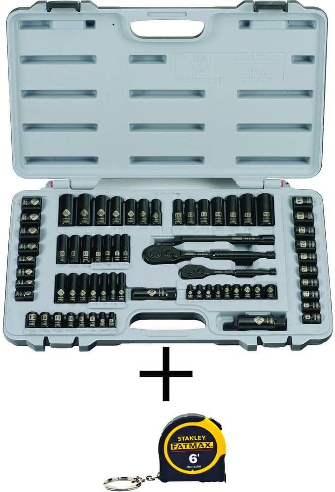 Stanley 1/4 in. & 3/8 in. Drive Black Chrome Laser Etched SAE Mechanics Tool Set (69-Piece) and FATMAX 6 ft. Tape Measure