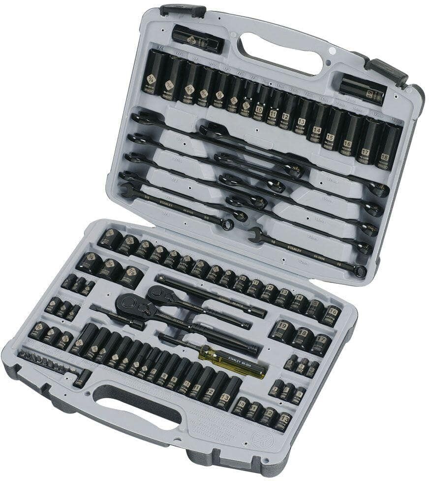 Stanley 1/4 in. & 3/8 in. Drive Black Chrome Laser Etched SAE & Metric Mechanics Tool Set (99-Piece)