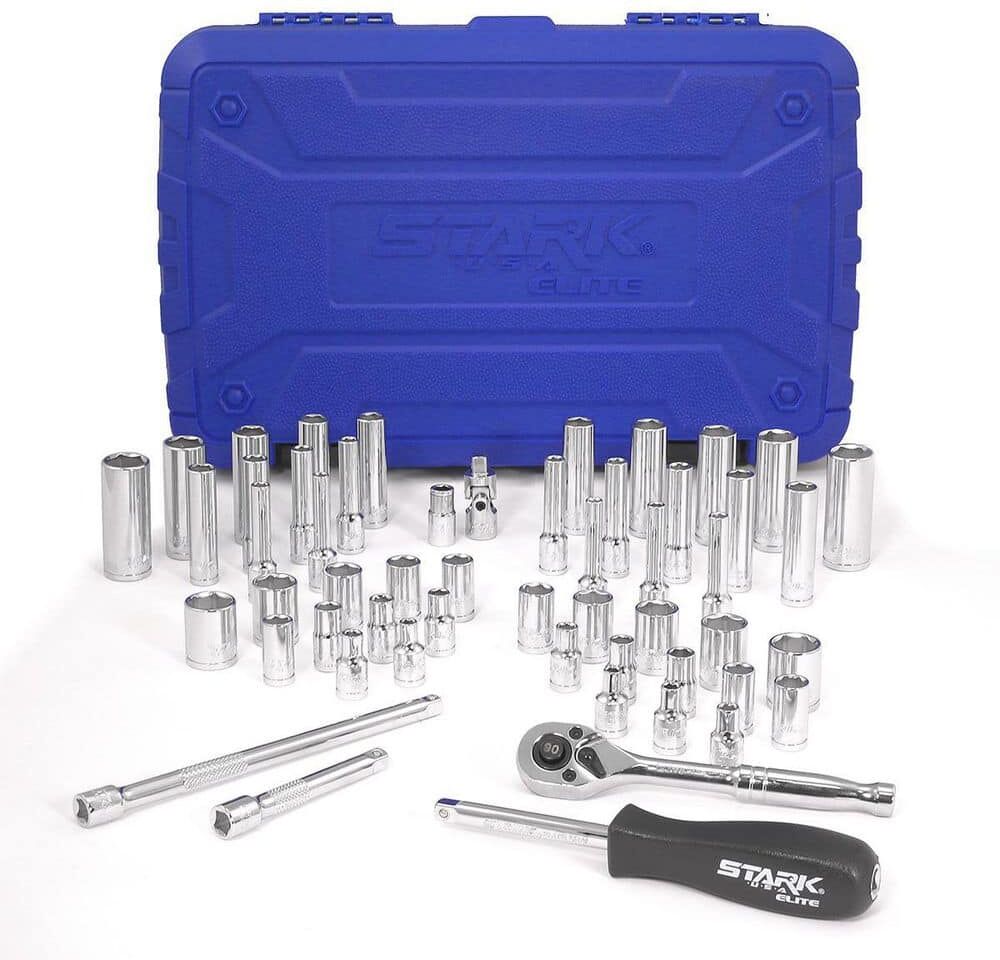 STARK USA 1/2 in. Drive Socket Set 90T-Ratchet Extension Bars SAE and Metric CR-V (55-Pieces)