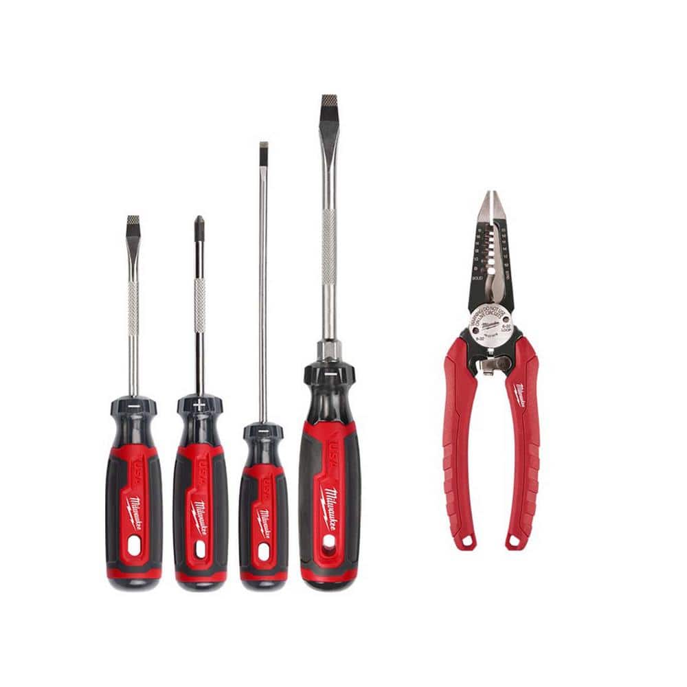 Milwaukee Screwdriver Set with Cushion Grip with 7.75 in. Combination Electricians 6-in-1 Wire Strippers Pliers (5-Piece)