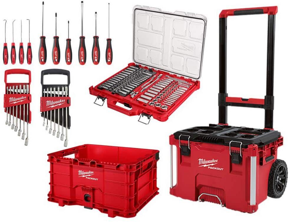 Milwaukee 3/8 in. and 1/4 in. Drive SAE/Metric Ratchet and Socket Mechanics Tool Set (130-Piece) with PACKOUT Set (3-Piece)