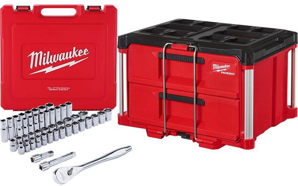 Milwaukee 1/2 in. Drive SAE/Metric Mechanics Tool Set (47-Piece) with PACKOUT 2-Drawer Tool Box