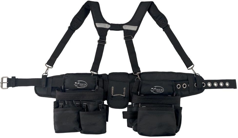 DEAD ON TOOLS Journeyman's Framers Work Tool Belt Tool Storage Suspension Rig with Suspenders and 2 Tool Pouches in Black