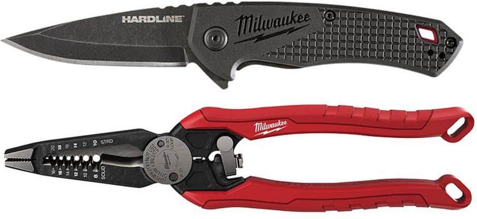 Milwaukee Hardline 2 .5 in. Pocket D 2 Steel Smooth Blade Folding Knife with 7-in-1 Combination Wire Stripper Pliers (2 -Piece)