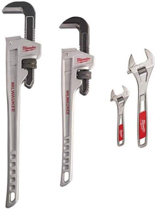 Milwaukee 24 in. Aluminum Pipe Wrench, 18 in. Aluminum Pipe Wrench, 6 in. and 10 in. Adjustable Wrench set