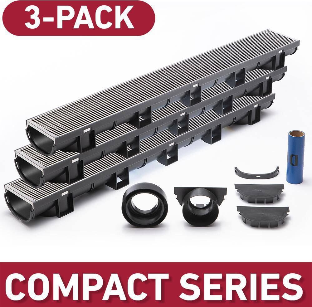 U.S. TRENCH DRAIN Compact Series 5.4 in. W x 5.4 in. D 39.4 in. L Plastic Trench and Channel Drain Kit with Stainless Steel Grate (3-Pack)