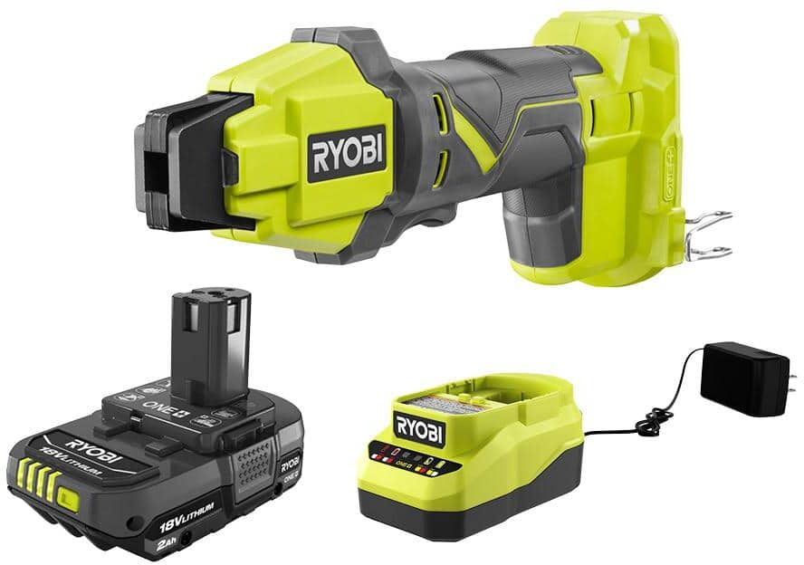 RYOBI ONE+ 18V Cordless PEX Tubing Clamp Tool and 2.0 Ah Compact Battery and Charger Starter Kit