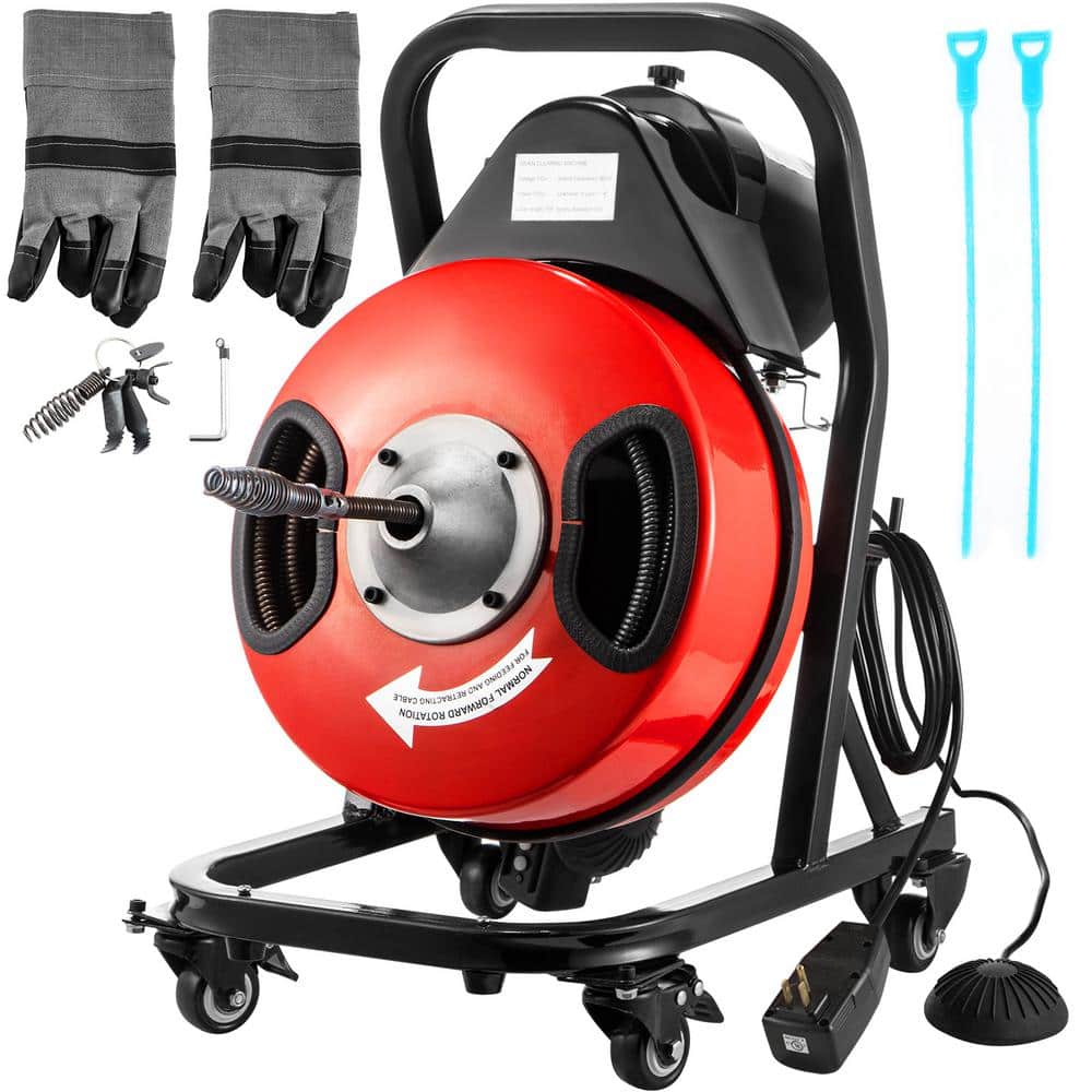 VEVOR Electric Drain Auger 50 ft. x 1/2 in. Drain Cleaner Machine 250W with 4 Wheel Cutter Foot Switch for 2 in. to 4 in. Pipe