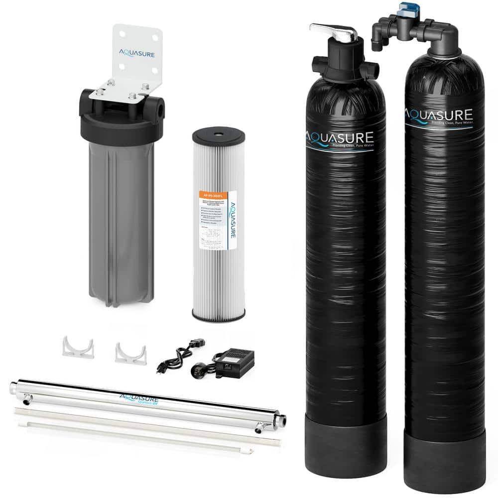 AQUASURE Serene 10 GPM Salt-Free Conditioning Whole House Water Treatment System Pleated Sediment Pre-Filter and UV Sterilizer