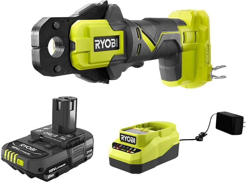 RYOBI ONE+ 18V Cordless PEX Crimp Ring Press Tool and 2.0 Ah Compact Battery and Charger Starter Kit