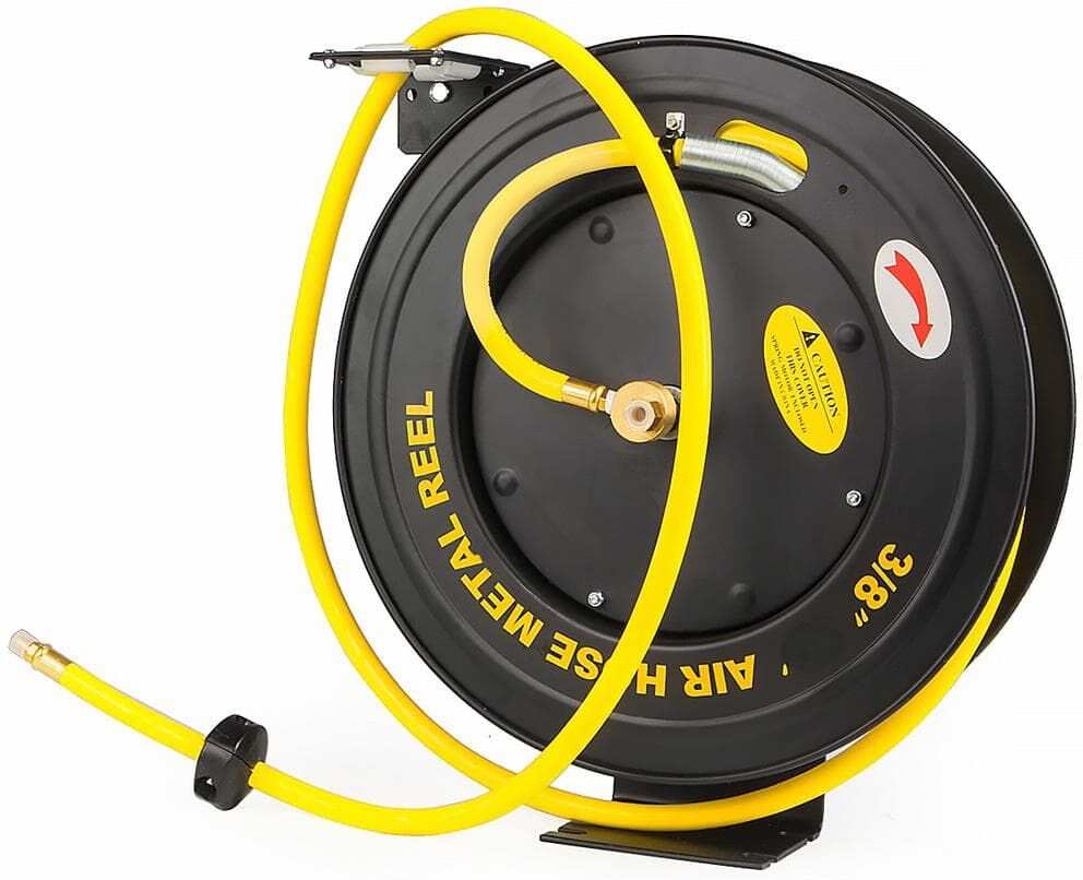 XtremepowerUS 100 ft. x 3/8 in. Retractable All-Weather Rubber Air Hose Reel with Auto Rewind, 1/4 in. NPT