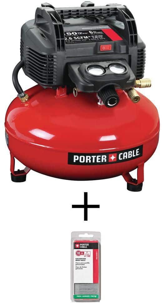 Porter-Cable 6 Gal. 150 PSI Portable Electric Pancake Air Compressor and 2 in. x 18-Gauge Brad Nail (1000 Per Box)