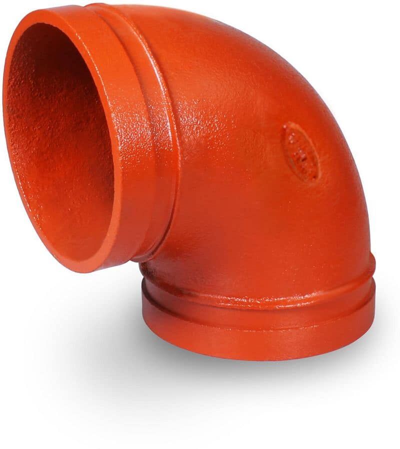 The Plumber's Choice 4 in. Grooved Ductile Iron 90° F-Elbow Short Radius, Joins Pipes in Wet and Dry Systems Full Flow in Orange