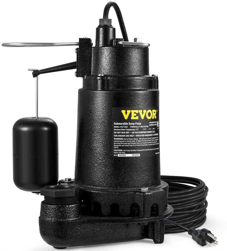 VEVOR 1HP Sewage Pump 5600 GPH Submersible Effluent Sump Pump with Automatic Snap-action Float Switch for Septic Tank Basement