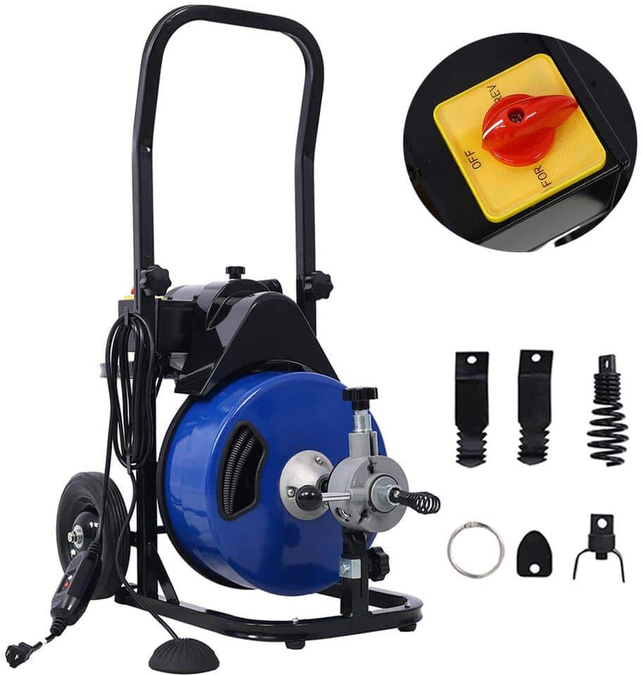 Electric Drain Auger 60ft. x 1/2 in. Drain Cleaner Machine & 4 Cutter and Foot Switch with Wheel for 1 in. to 4 in. Pipe