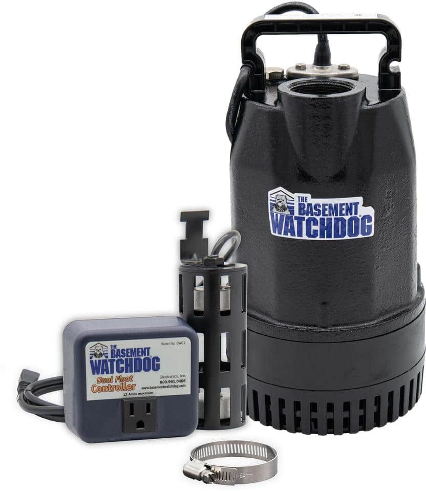 Basement Watchdog 1/2 HP Cast Iron Submersible Sump Pump with Top Discharge and Caged Dual Float Switch and Controller