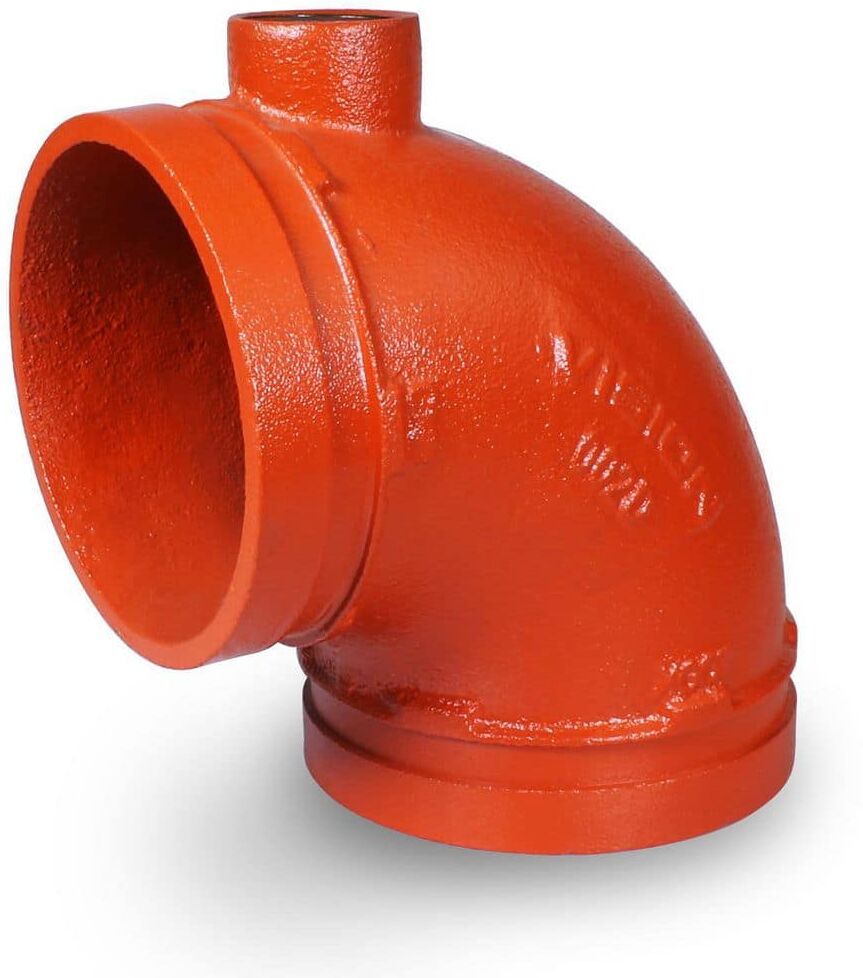 The Plumber's Choice 4 in. Ductile Iron 90-Degree Grooved Elbow Fitting with Drain, Joins Pips in Wet and Dry Systems, Full Flow, Orange