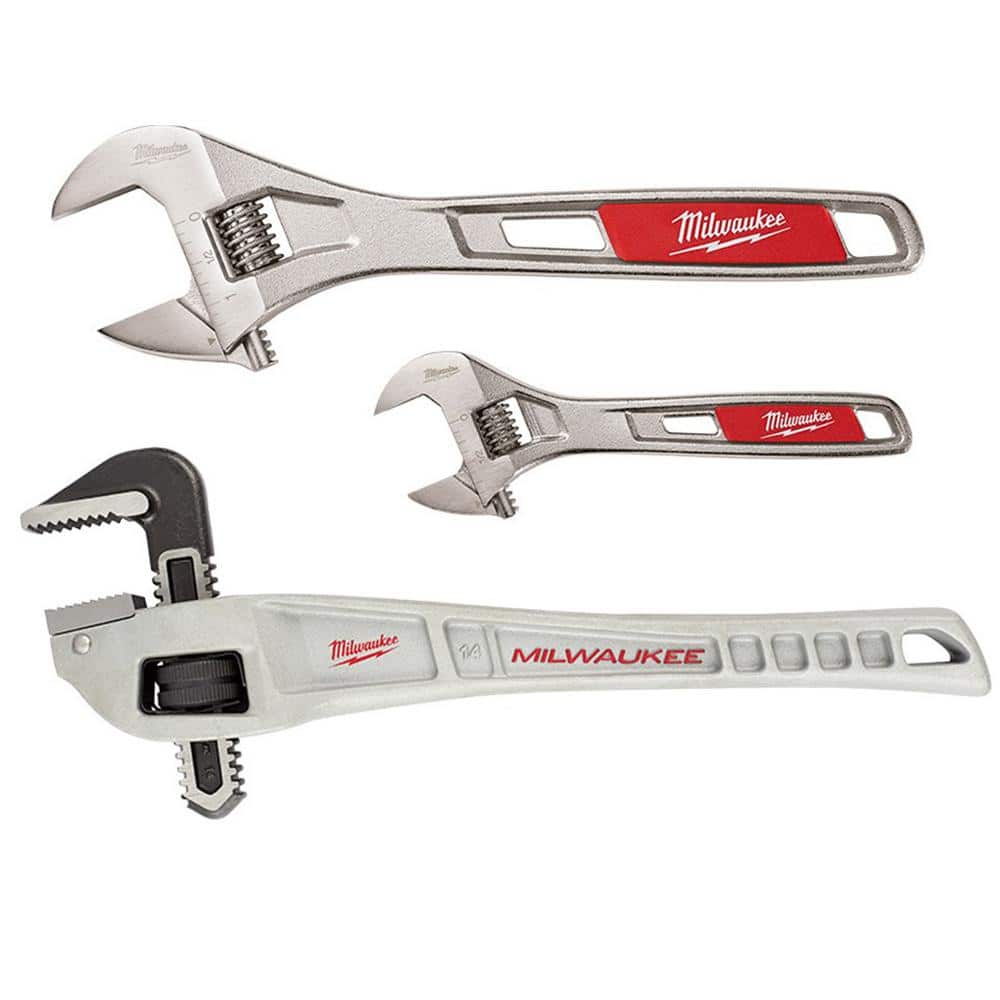 Milwaukee 6 in. and 10 in. Adjustable Wrench Set with 14 in. Aluminum Offset Pipe Wrench (3-Piece)
