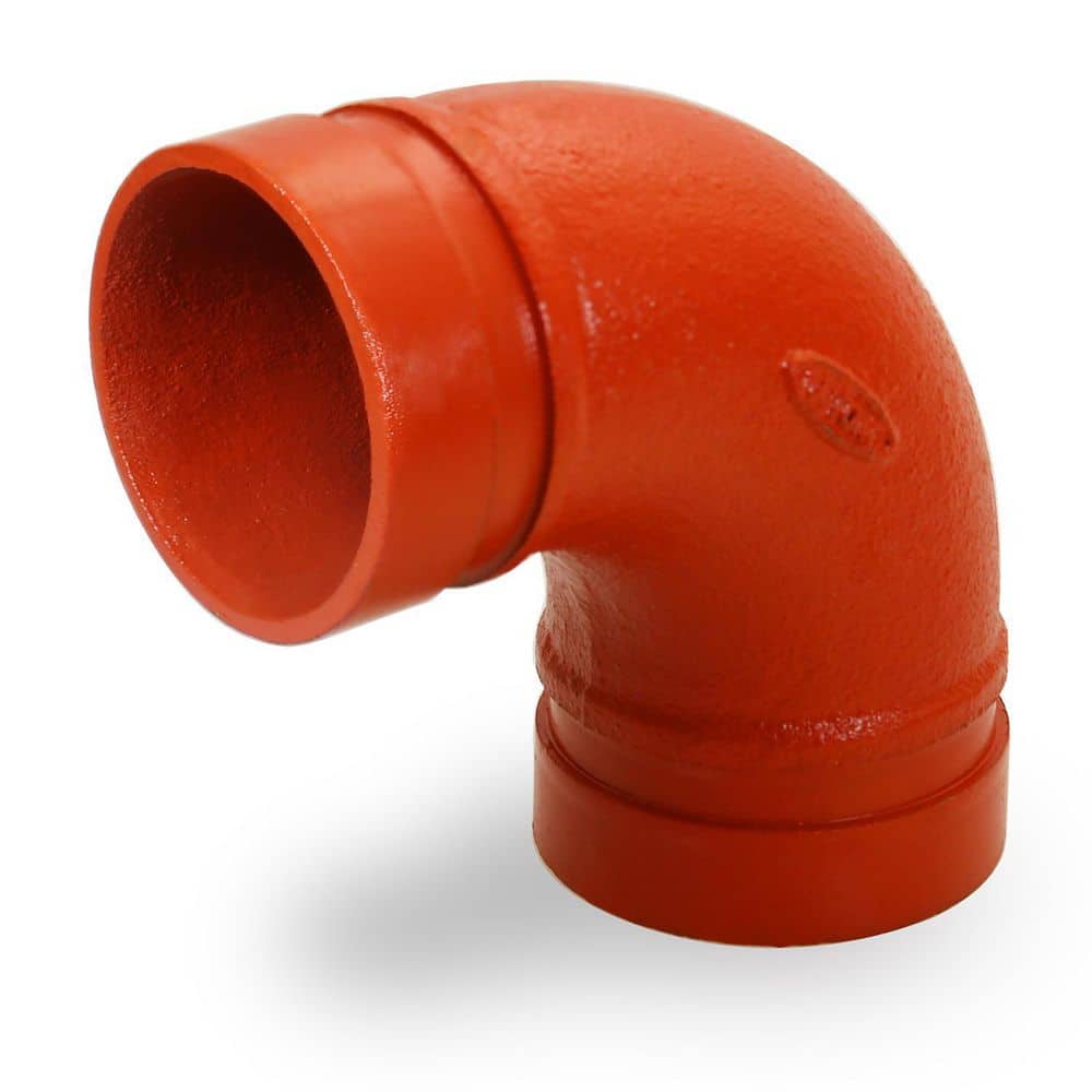 The Plumber's Choice 5 in. Grooved Ductile Iron 90° F-Elbow Long Radius, Joins Pipes in Wet and Dry Systems Full Flow in Orange