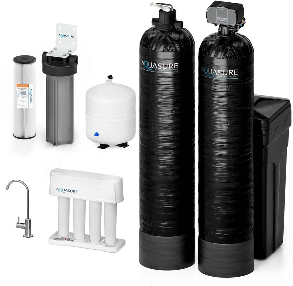 AQUASURE Signature Series Complete Whole House Water Filtration System with Fine Mesh Resin - 64,000 Grains