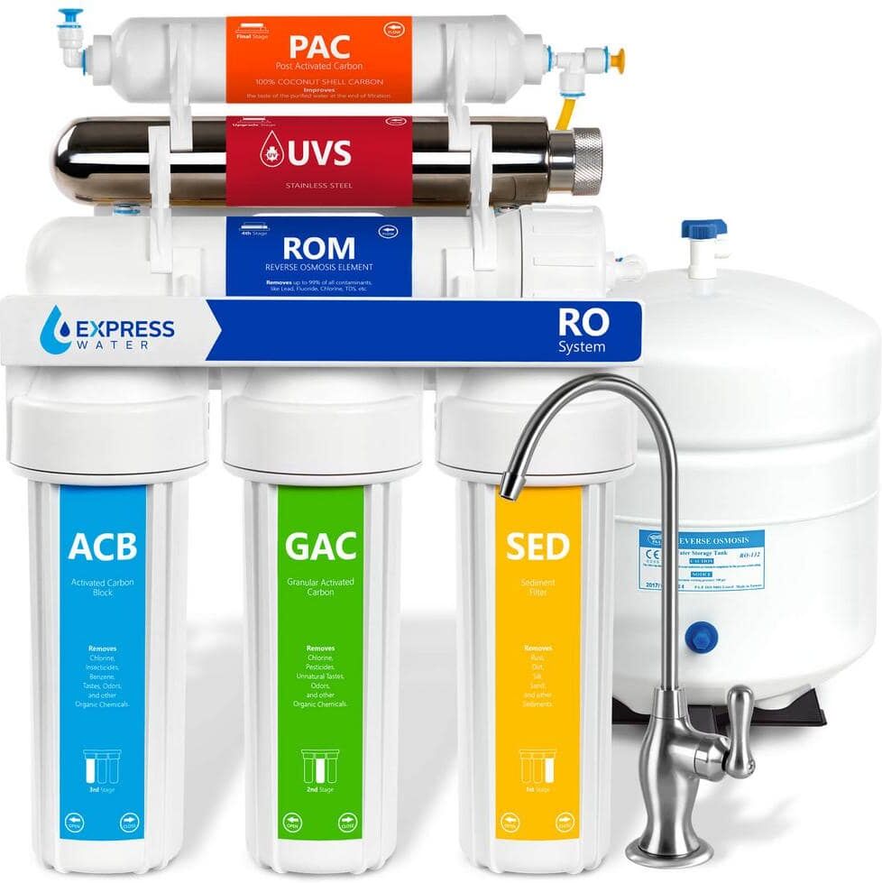 Express Water Ultraviolet Under Sink Reverse Osmosis Water Filtration - 6 Stage UV Sterilizer - Faucet and Tank - 100 GPD