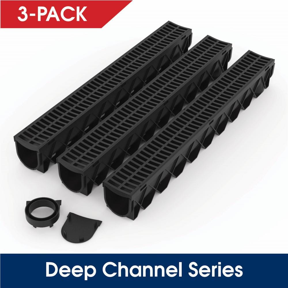 RELN Storm Drain Series 5 in. W x 5.25 in. D x 39.4 in. L Channel Drain Kit with Black Grate (3-Pack)