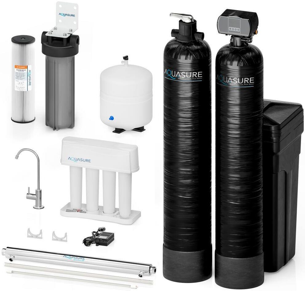 AQUASURE 48,000 Grains Whole House Water Softener & Conditioner Bundle with 12GPM UV Sterilizer & Reverse Osmosis Filter System