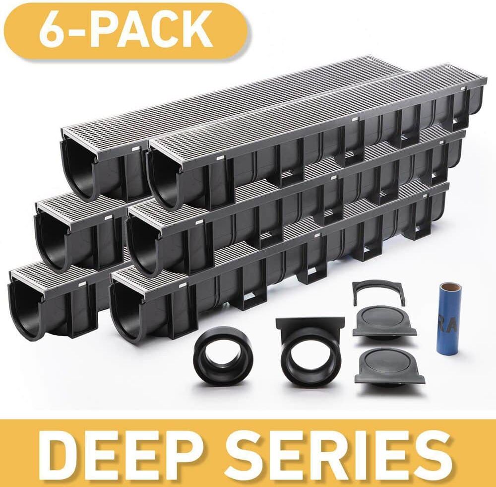 U.S. TRENCH DRAIN Deep Series 5.4 in. W x 5.4 in. D 39.4 in. L Plastic Trench and Channel Drain Kit w/ 316 Stainless Steel Grate (6-Pack)