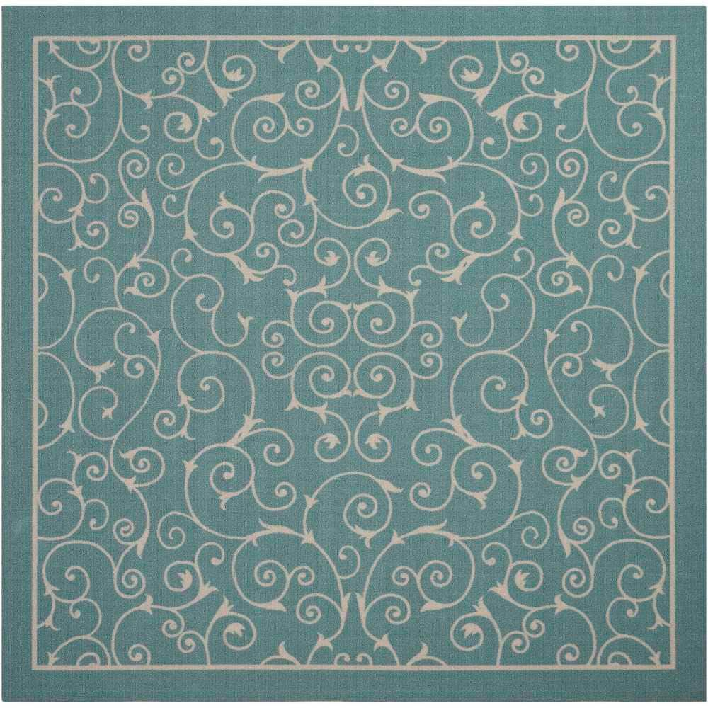 Nourison Home & Garden Light Blue 9 ft. x 9 ft. Bordered Transitional Indoor/Outdoor Square Area Rug