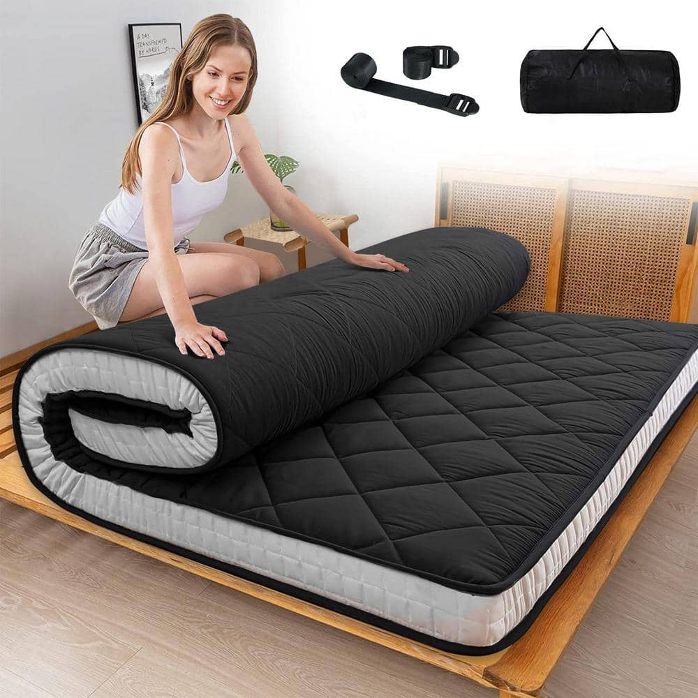 BOZTIY Japanese Floor Mattress 4 in, Polyester Fill Tatami Mat Sleeping Pad Foldable Roll Up Mattress, Queen, Beige