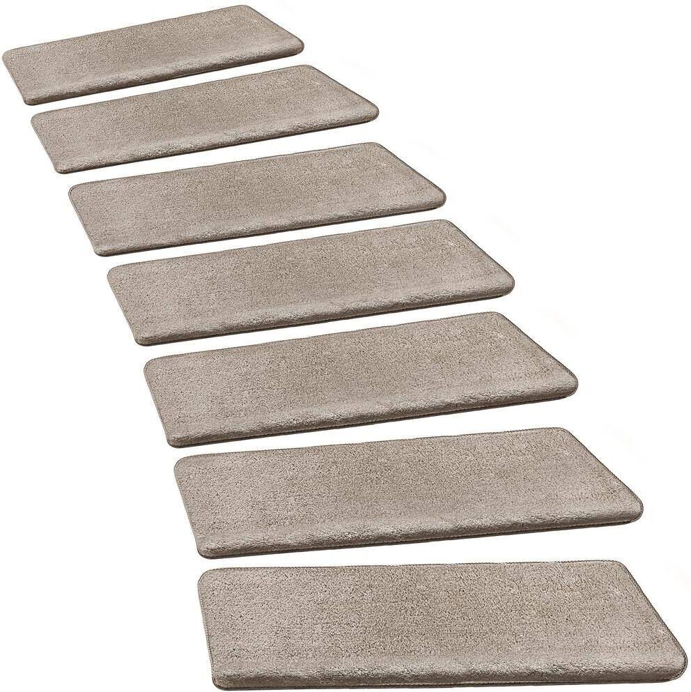 Pure Cream Gray 9.5 in. x 30 in. x 1.2 in. Bullnose Plush Carpet Stair Tread Cover Tape Free Non-slip Set of 7