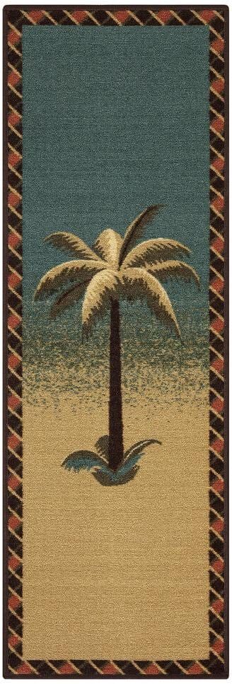 Ottomanson Cookery Collection Non-Slip Rubberback Tropical Palm Tree 2x5 Kitchen Runner Rug, 1 ft. 8 in. x 4 ft. 11 in., Beige/Teal