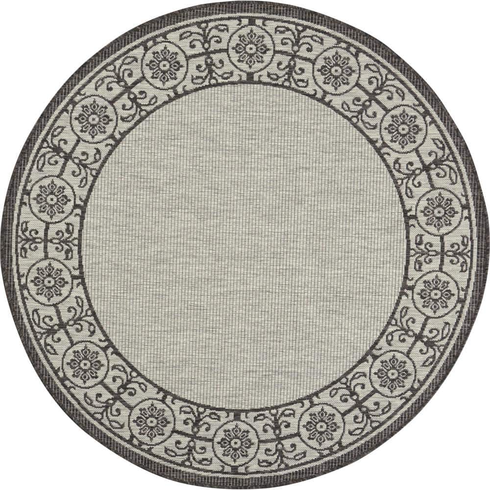 Nourison Garden Party Ivory/Charcoal 5 ft. x 5 ft. Round Bordered Transitional Indoor/Outdoor Patio Area Rug