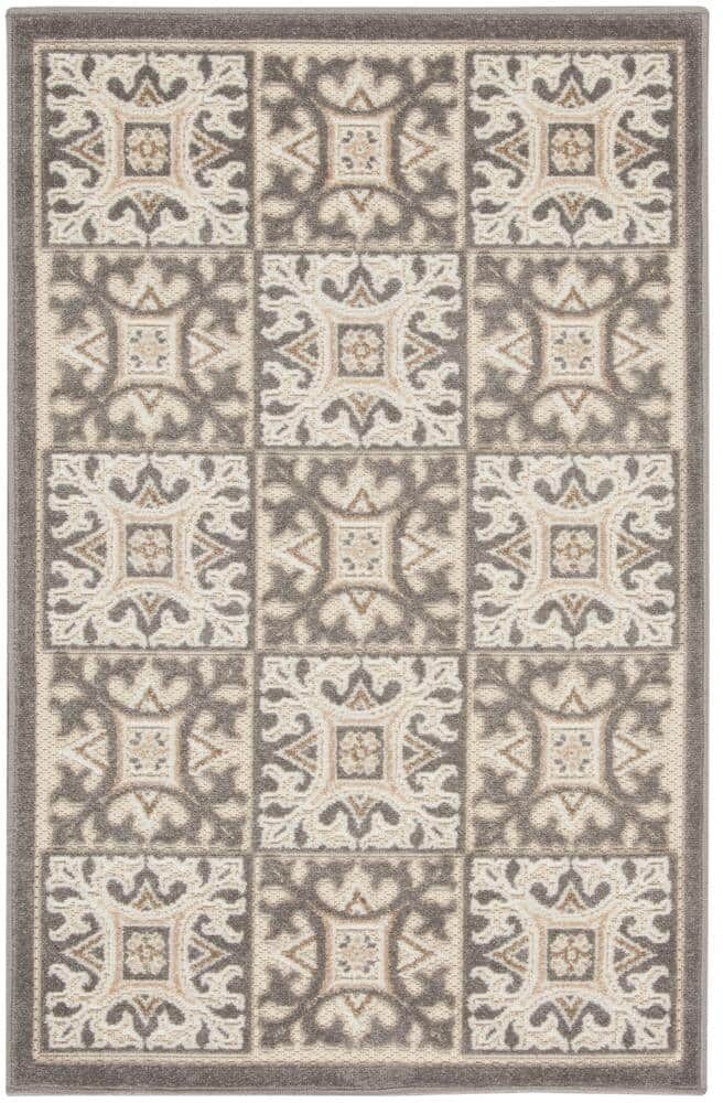 Nourison Aloha Ivory Grey 3 ft. x 4 ft. Geometric Boho Moroccan Indoor/Outdoor Bathroom Area Rug