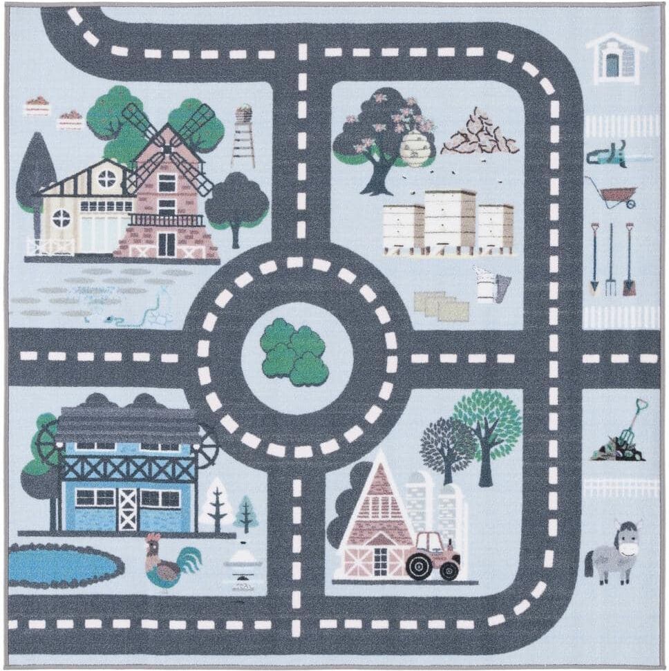 SAFAVIEH Kids Playhouse Blue/Dark Gray 5 ft. x 5 ft. Machine Washable Novelty Square Area Rug