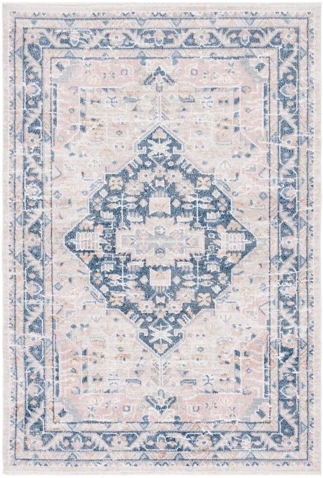 SAFAVIEH Blair Beige/Navy 4 ft. x 6 ft. Machine Washable Border Medallion Area Rug