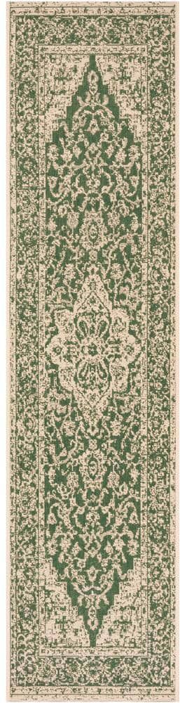 SAFAVIEH Beach House Green/Cream 2 ft. x 12 ft. Border Floral Indoor/Outdoor Patio  Runner Rug