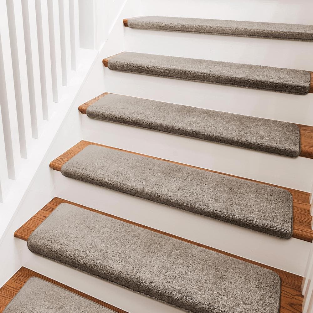 Pure Plush Cream Gray 9.5 in. x 30 in. x 1.2 in. Bullnose Indoor Stair Tread Cover Tape Free Non-slip Carpet Set of 14