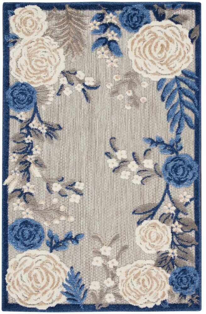 Nourison Aloha Blue Grey 3 ft. x 4 ft. Floral Botanical Contemporary Indoor/Outdoor Bathroom Area Rug