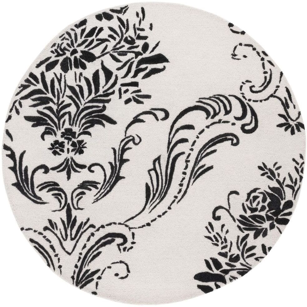 SAFAVIEH Jardin Ivory/Black 6 ft. x 6 ft. Floral Solid Color Round Area Rug