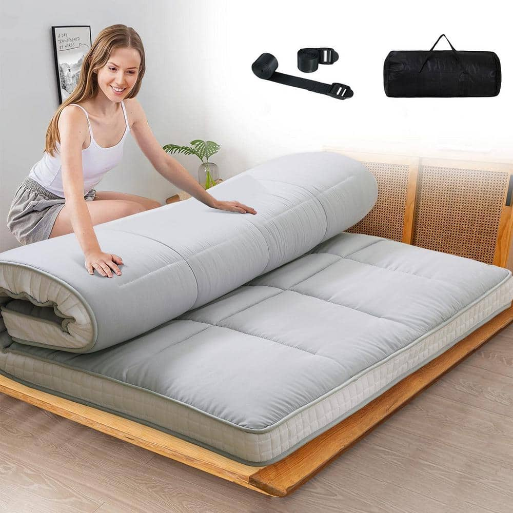 BOZTIY Japanese Floor Mattress 4 in, Polyester Fill Tatami Mat Sleeping Pad Foldable Roll Up Mattress, Queen, Gray