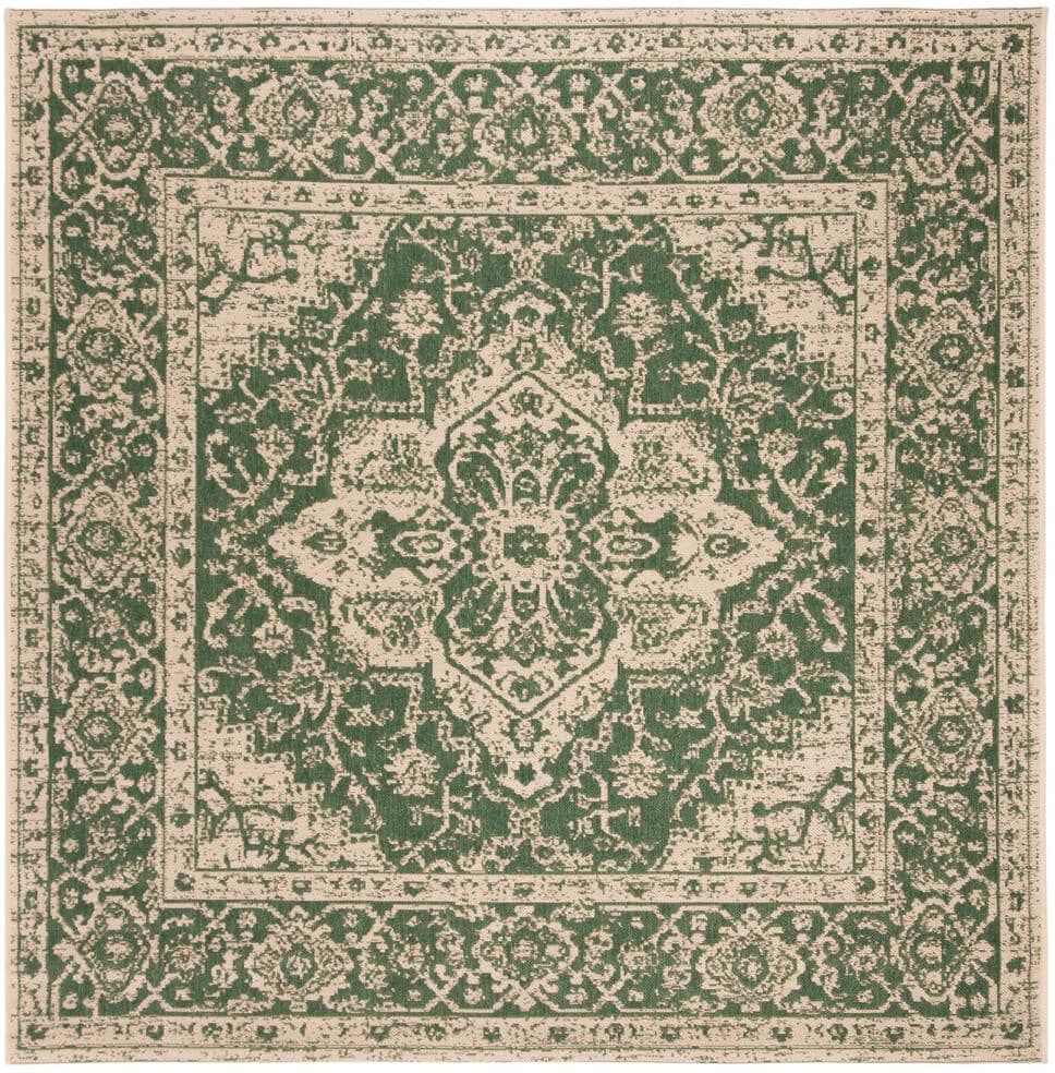 SAFAVIEH Beach House Green/Cream 7 ft. x 7 ft. Square Oriental Indoor/Outdoor Patio  Area Rug