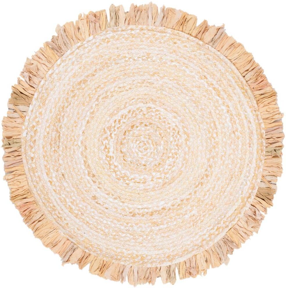 SAFAVIEH Braided Beige 3 ft. x 3 ft. Round Solid Striped Area Rug