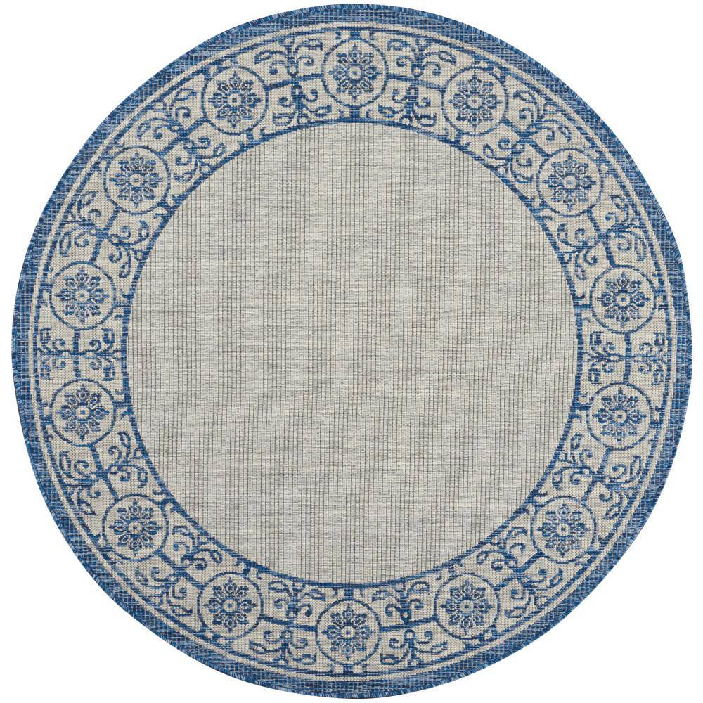 Nourison Garden Party Ivory Blue 5 ft. x 5 ft. Round Bordered Transitional Indoor/Outdoor Patio Area Rug